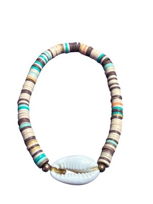 Beaded Stretchy Bracelet Multicolor Polymer Clay Heishi Beads White Cowrie Shell