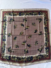 Silk Scarf Mark Cross floral rolled edge 34" X 34" square Check Fruit Grape Plum
