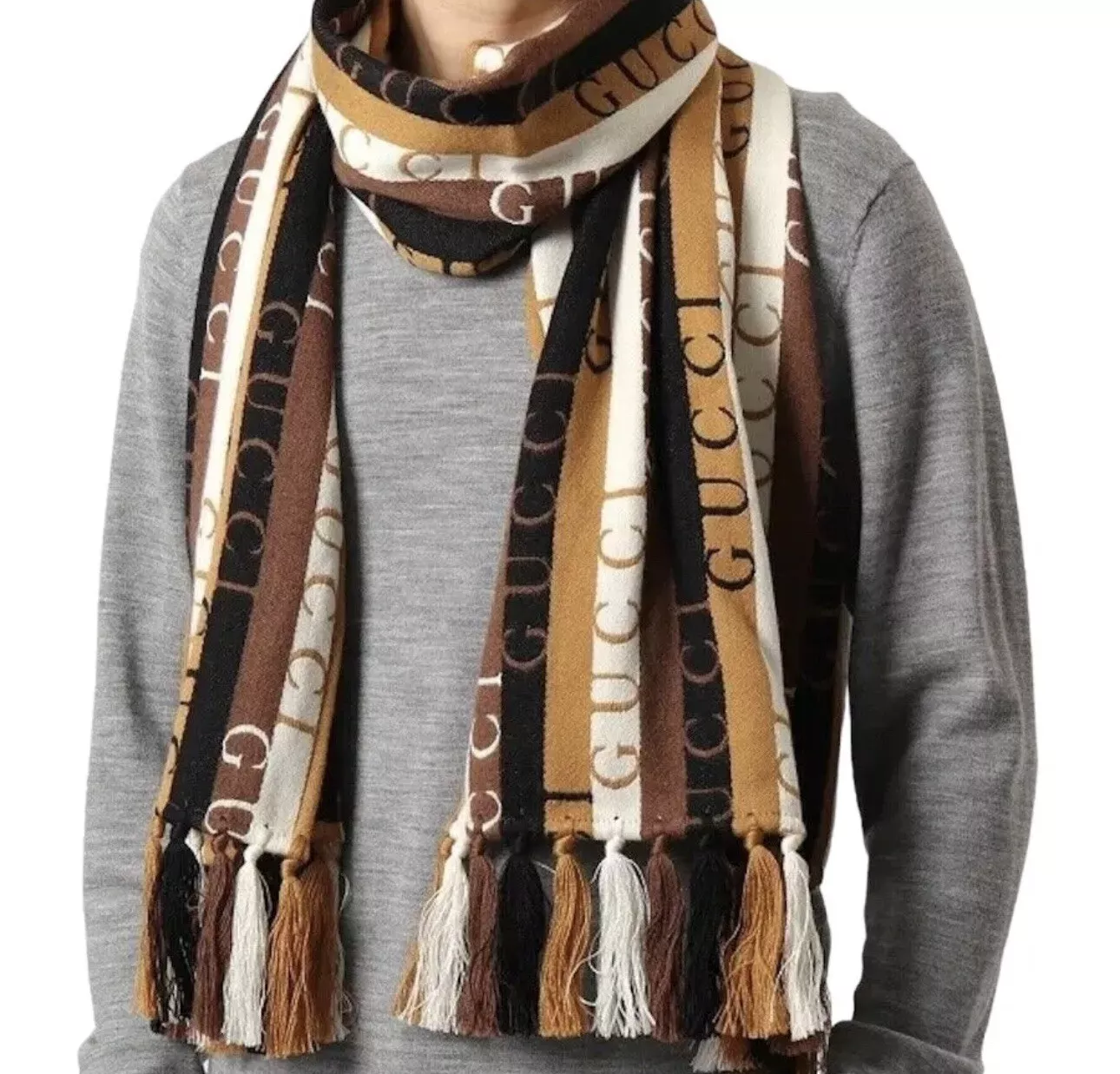 Neuf avec étiquettes écharpe logo unisexe authentique Gucci marron laine coton bois rayé 634116
