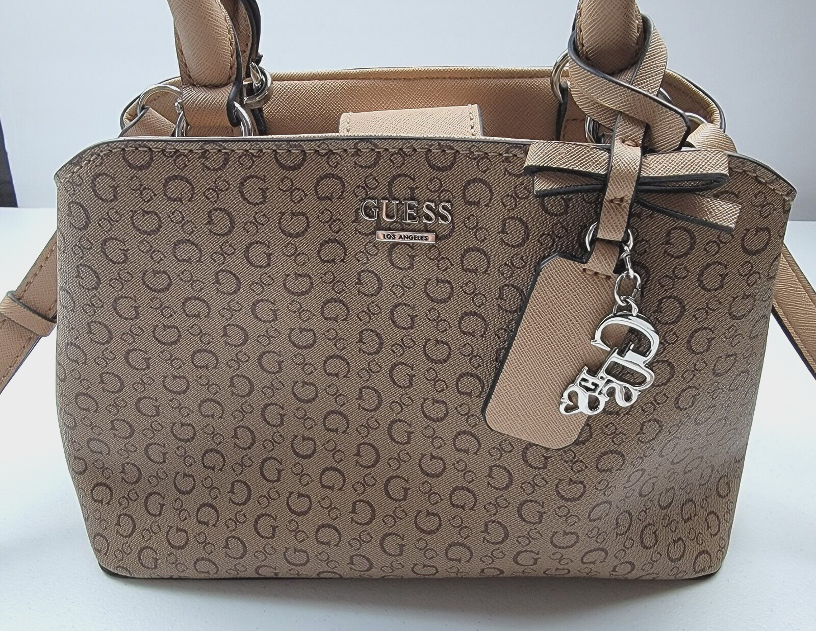 GUESS Logo Shoulder Bag Light Brown Silver Hardware Convertible Adjustable  Strap | eBay