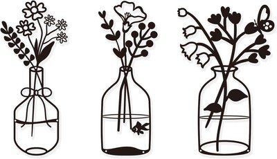 3 Pcs Black Metal Flowers Wall Decor home Vase Hanging Indoor Kitchen Bathroom