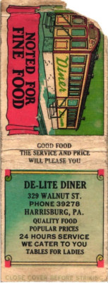 De-Lite Diner Harrisburg PA Vintage Matchbook Cover 1940s Diner Car