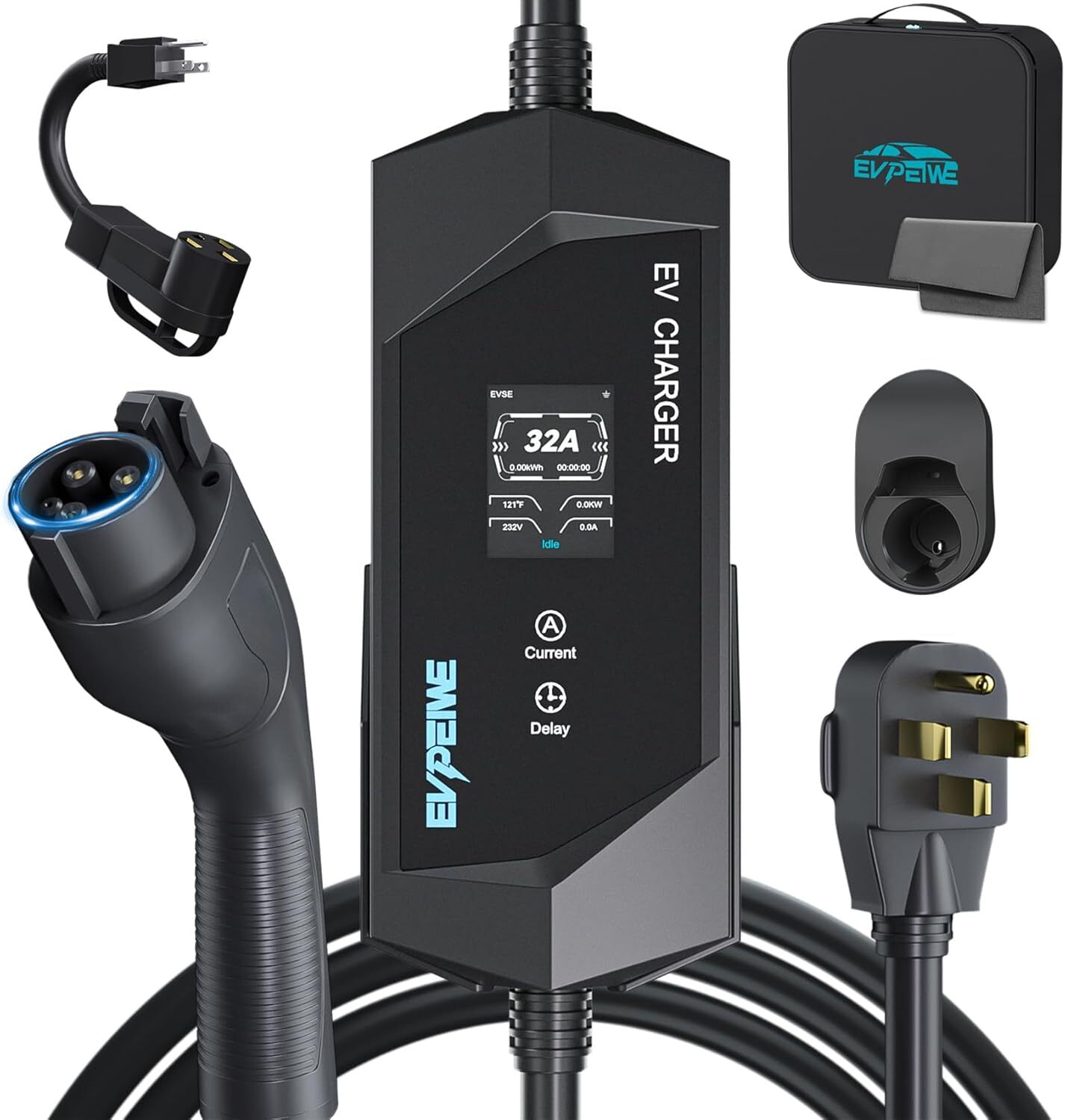 Level 1/2 EV Charger for SAE J1772, 32A 110-240V with NEMA 5-15 Plug, 25ft Cable