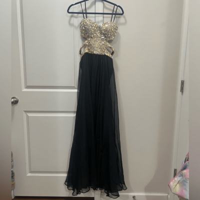 la femme black and gold dress La Femme Black Gold Sequin Cut Out Strapless Gown Size 6 US $495
