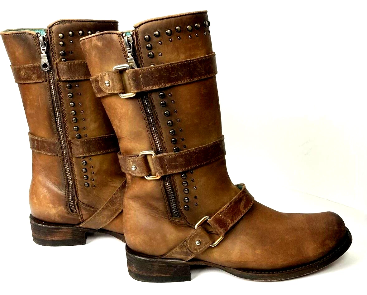 Corral C2966 Strap Stud Distressed Harness Boho Boots Women s 6.5 M Zip Cognac