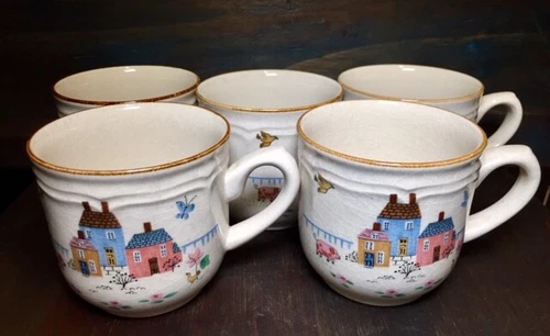 5 International Stoneware Heartland Coffee Mugs Rural Farm Pig Birds Japan Cute