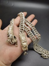 62Cm Chinese Vintage Tibetan Silver Handcarved Double Head Necklace
