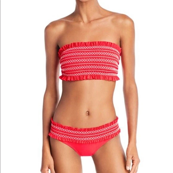 Tory Burch Costa Hipster缩褶比基尼下装罂粟红色全新象牙色 M 中号全新带标签 — 第 2/4 张图片