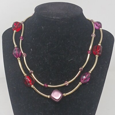NAPIER Necklace 2 Strand GoldTone Metal Tube & Red Beads N Est 1922 Signed #J2Pu