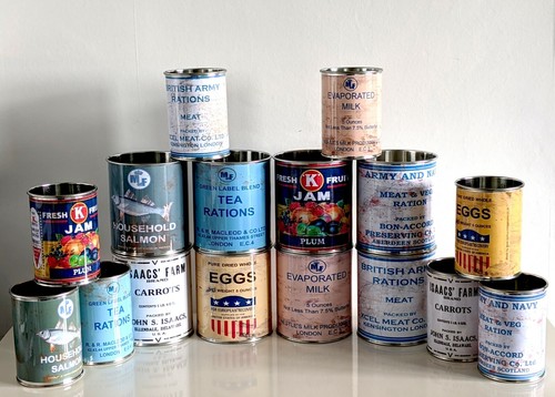 WW II replica vintage ration food tin cans 1940's reenactment storage props - Picture 2 of 30
