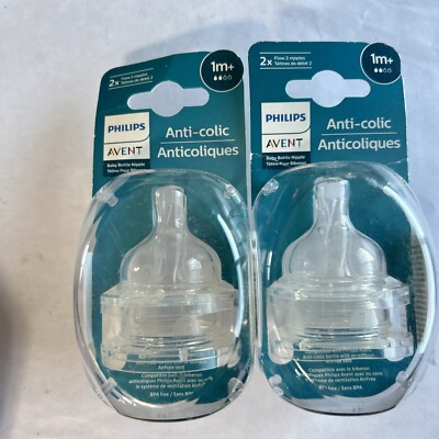 New Philips AVENT Anti-Colic Flow 2 Nipples 1m+ Two 2-Packs - 4 Total Nipples