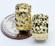 14K Solid Yellow Gold 13mm Wide Faceted Diamond Cut Huggie Hoop Earrings