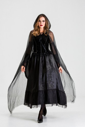 Women Halloween Costume Hooded Mesh Cloak Cosplay Magician Gothic Dress Clothes - Picture 6 of 9