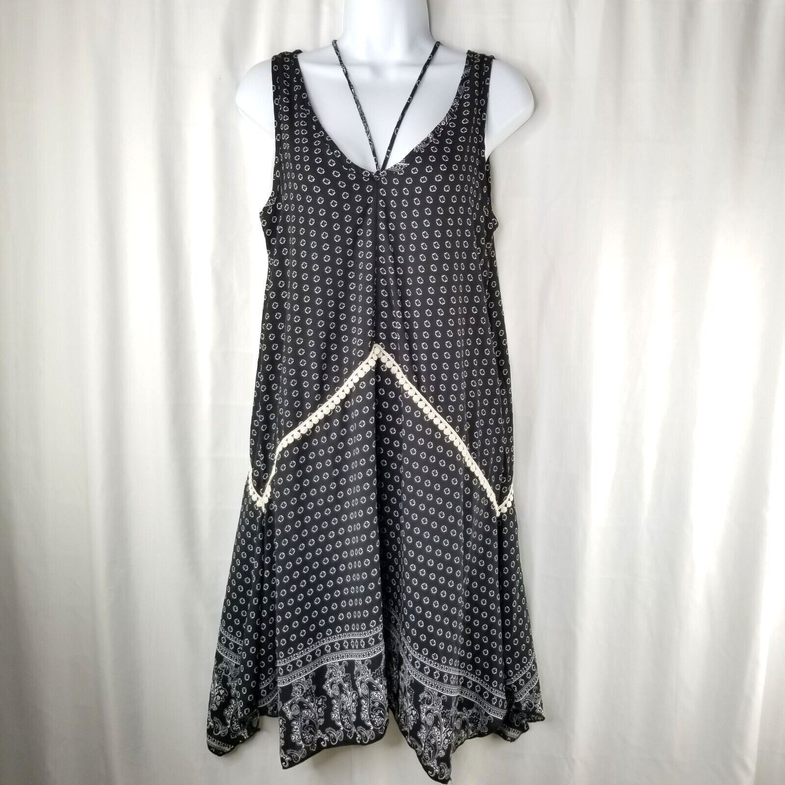 C'isa Sleeveless Dress Handkerchief Hem Pom Pom Trim Boho Black Cream Size S / M