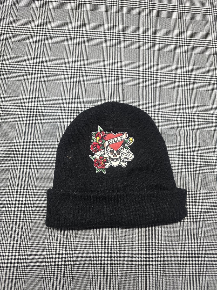 Ed Hardy Black Beanie Hat Embroidered Skulls Hearts Dagger True Love Logo Ed Hardy Skull & Heart Beanie Set 2-Pack Knit Black  main image 2