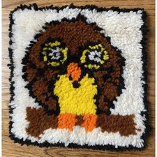 Vintage Owl Latch Hook Wall Hanging Completed 11.5  x 12" Yarn Art Retro Mod