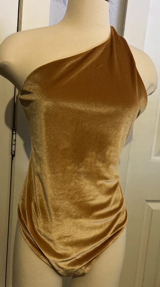 Fabletics One Shoulder Women Sexy Gigi Velour Bodysuit Size L (10) Gold - Image 2 of 4