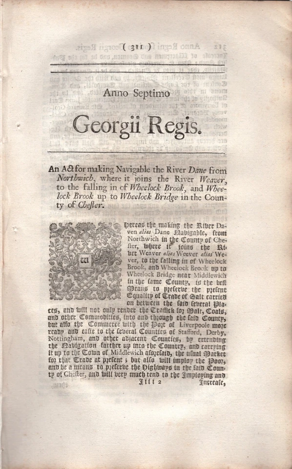 River Dane Northwich to Wheelock Bridge 1720 King George I Act Making Navigable  - Image 3 of 3