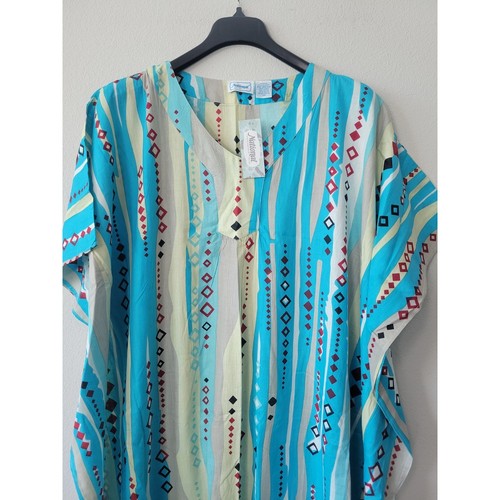 National Dress Beach Blue Geometric Diamond Stripe Caftan Cover Up Cotton 100% - Picture 3 of 6