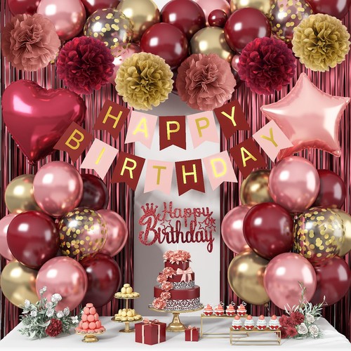 Burgundy Birthday Decorations Set - 1 Fringe Curtain, 1 Banner, 2 Heart