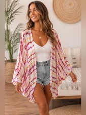 Anthropologie Women  s One Sz Pink Yellow Watercolor Kimono Cover Up Boho Duster