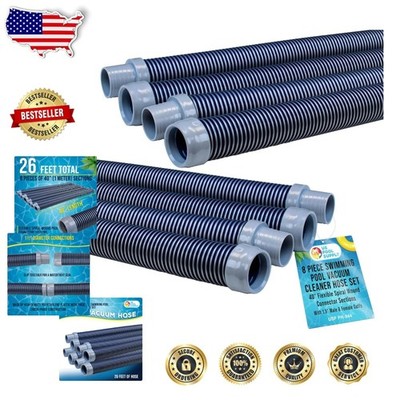 Pool Vacuum Hose 8-Piece 26ft Blue Gray Spiral Wound 1.5'' Connector