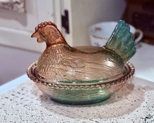 Handcrafted Etched Glass Hen On Nest Blush Peach, Green Red Removable Lid, 7x5”