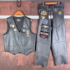 Harley Davidson Leather Vest Chaps Set USA H.O.G. Patches Pins Black Women L/M