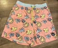 Neff Swim Trunks Drawstring Rubber Ducks Men  s Board Shorts Pink Yellow Sz L EUC
