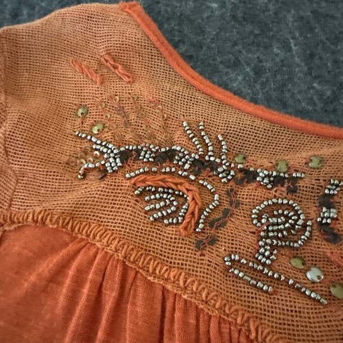 Free People Med Rust Orange Top Beaded Flowy Elastic Waist Boho Hippie Bamboo Sm - Picture 15 of 18