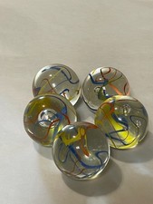 5 Fiesta Glass Mammoth Marbles, Clear w/ orange, yellow, and blue swirls 1.5"