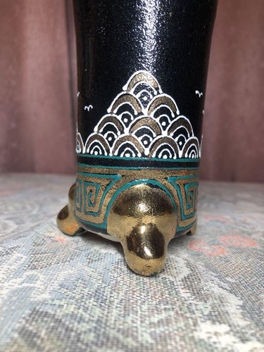 Japanese Kyouraku-yaki Orchid Pot Black Gold Wave Bird Pattern 15.7cm Tall - Picture 11 of 13
