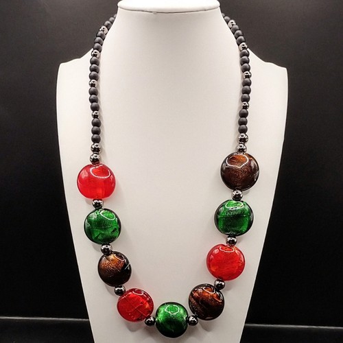 Red Green Bronze Brown Glass Necklace Lampwork Foil Beads Chunky Statement Big - Picture 8 of 14