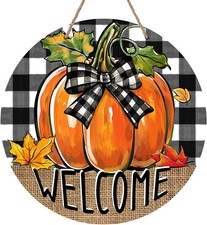 Welcome Fall Pumpkin Front Door Sign, Autumn Thanksgiving Buffalo Plaid Bow Wood