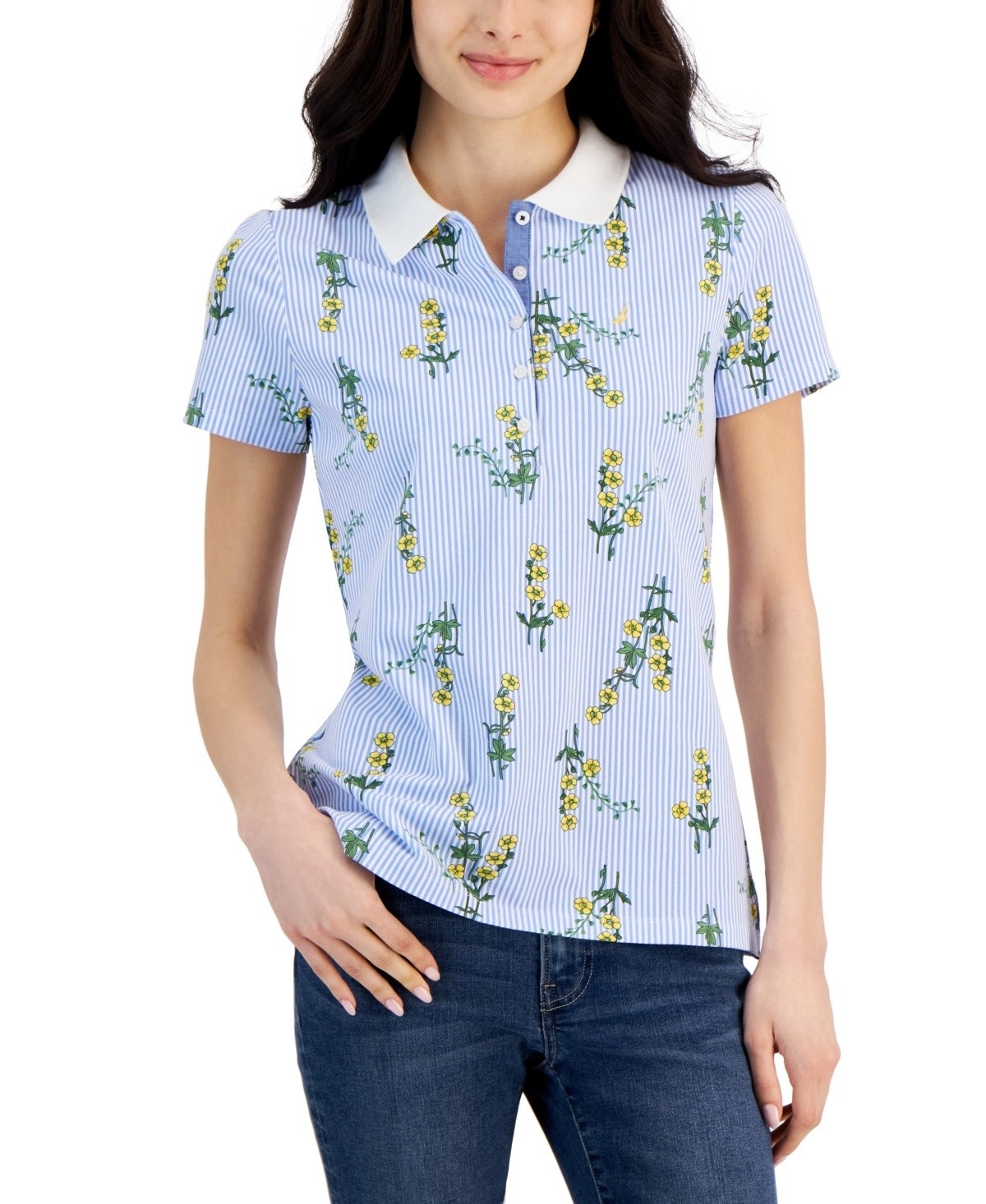 Nautica Jeans Women's Floral-Print Short-Sleeve Polo Shirt Blue Size M MSRP $45