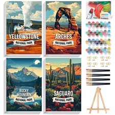 4 Pack Framed Paint by Numbers Kit for Adults Beginners with Wooden Easel, Na...