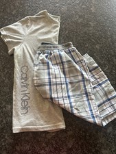 Calvin Klein Boys XL 14/16 2pc Pajama Set Shorts Short Sleeve Plaid Gray Blue
