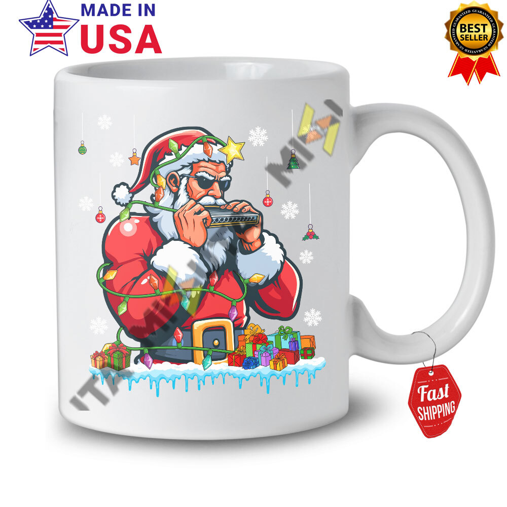 Santa Claus Playing Harmonica, Christmas Lights Santa