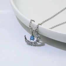 Crescent Moon with Blue Crystal Dainty Pendant Necklace Sterling Silver