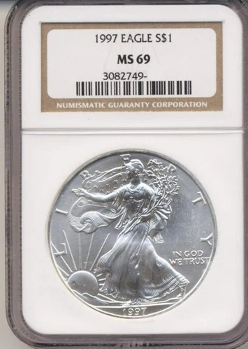 USA 1997 American Silver Eagle, 1 ounce pure silver coin, NGC Brown Label  MS-69