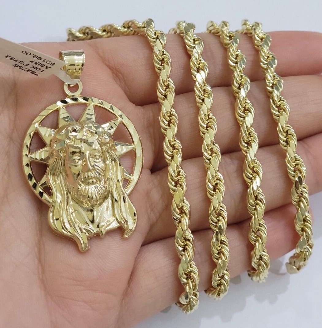 10kt Gold Rope Chain Jesus Head Charm Pendant Set 18-30'' Inch 5mm Necklace  SALE