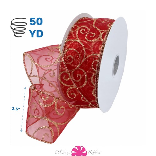 Red Gold Wired 2.5 Inch x 50 Yards Decorative Ribbon for Christmas Decor - Picture 4 of 10
