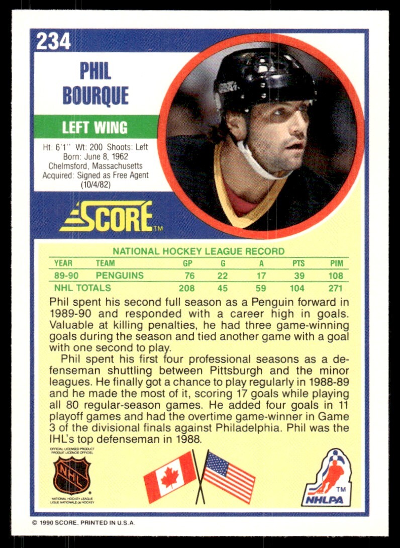 199091 Score Hockey Card Phil Bourque Pittsburgh Penguins 234 eBay