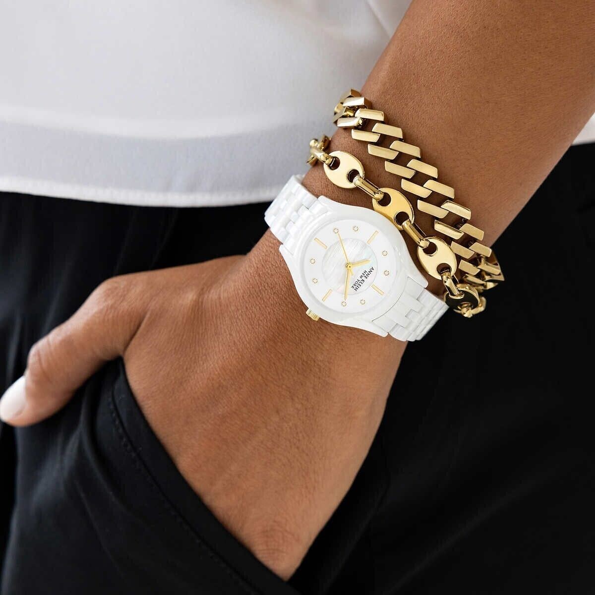 Anne Klein Ladies 12/7740WTST White Ceramic Watch w/ 2- Gold  display picture 2