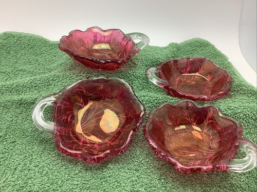 4- Vintage 1950-60’s Indiana Glass Cabbage Pebble Twiggy Leaf candy dish 4”Retro