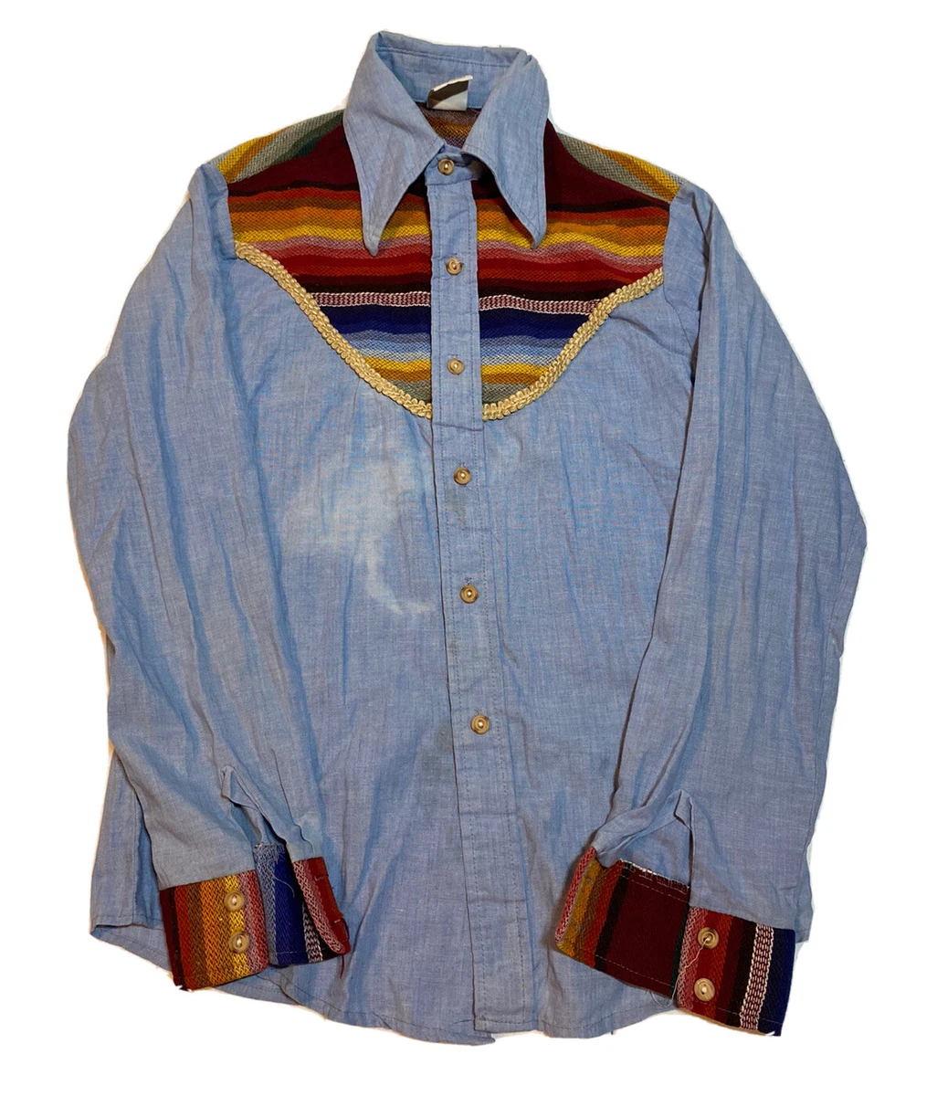 Vintage 70s Kennington Western Print Aztec Design Wood Button Shirt Sz S F3
