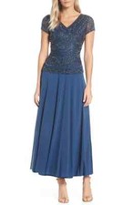PISARRO NIGHTS BEADED V-NECK MOCK TWO-PIECE PETROL DRESS GOWN sz 2