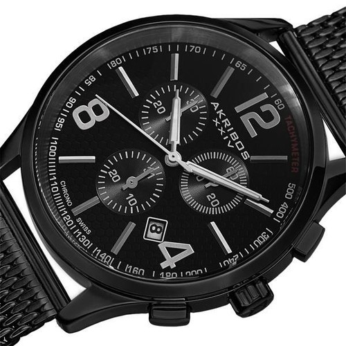 Akribos AK719BK Swiss Quartz Chronograph Tachymeter Date Black Mens Watch - Picture 4 of 5