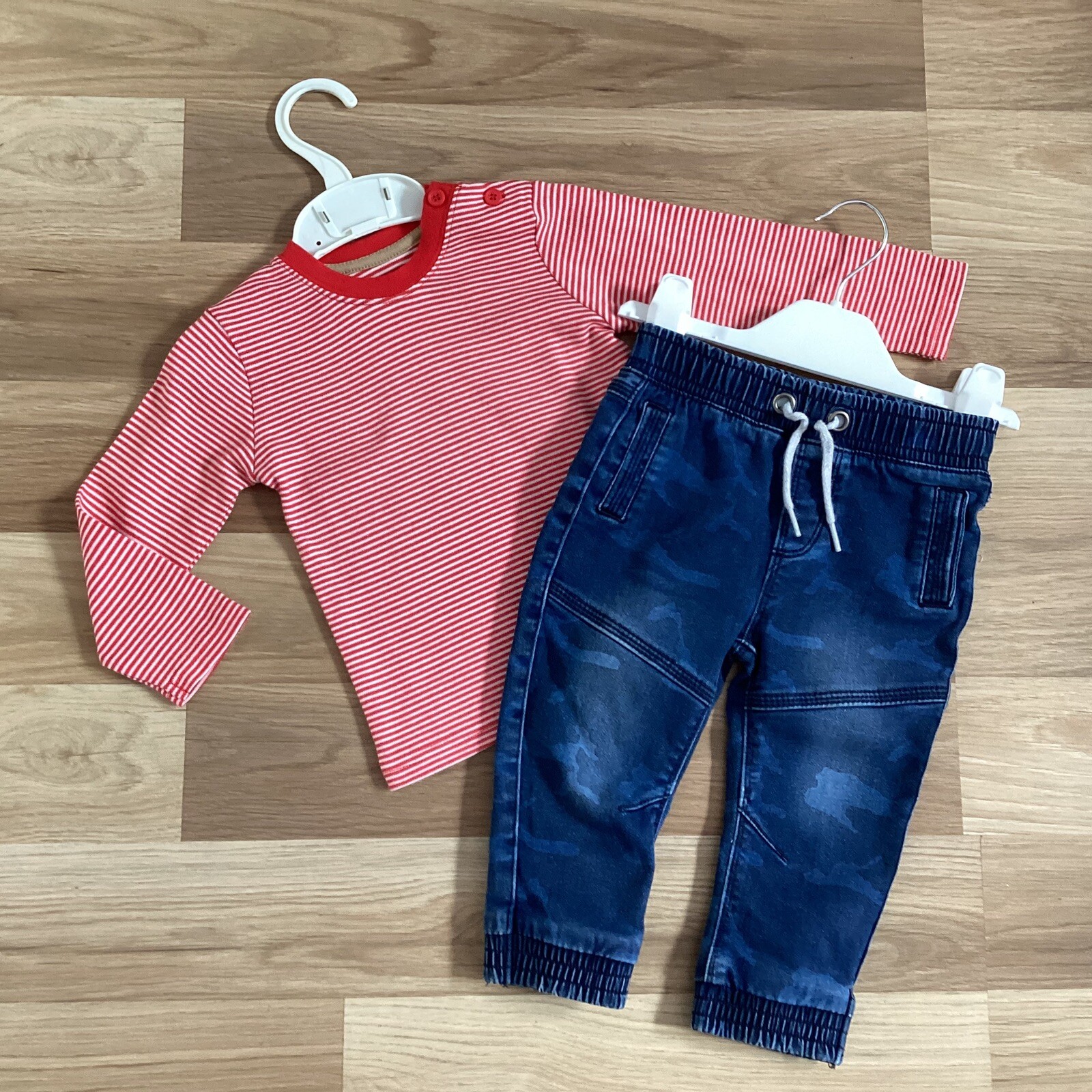 Baby Boy Clothes 912 Months Red White Stripy Top & Blue Camouflage