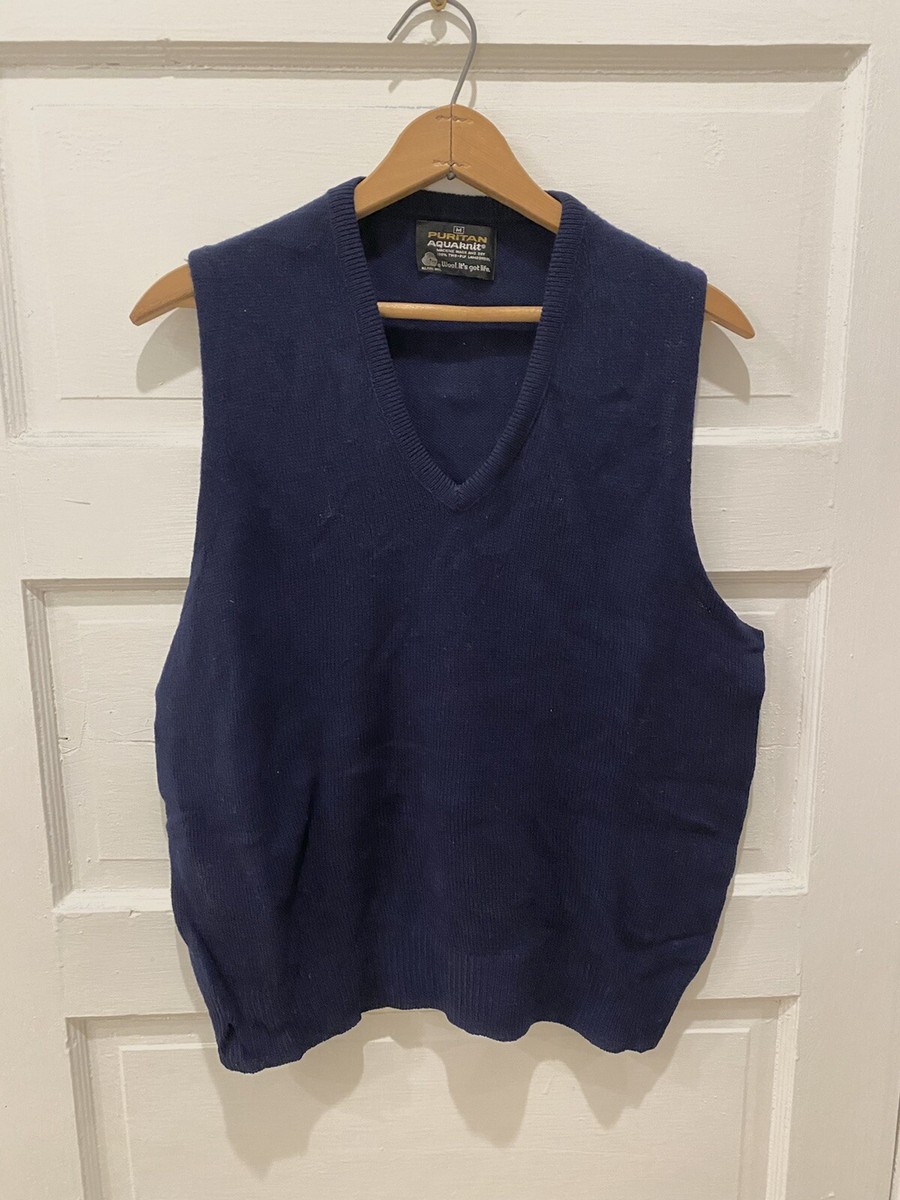 VINTAGE PURITAN AQUAKNIT 100% PLY LAMBSWOOL NAVY SWEATER VEST V-NECK SZ M  C6